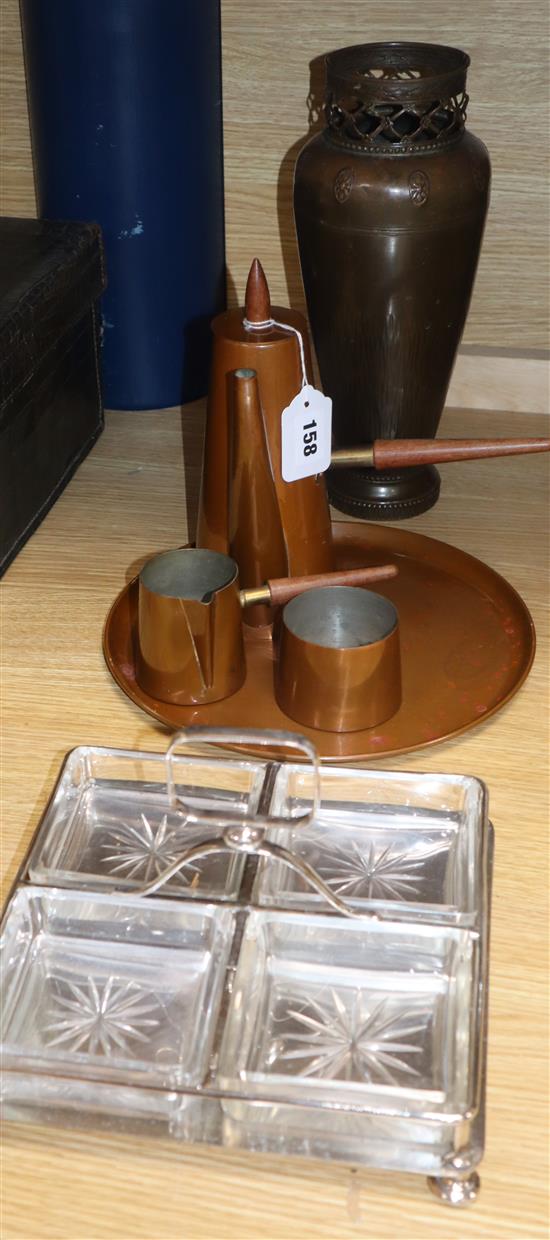 A copper four piece coffee set, a silver plated serving dish and a vase